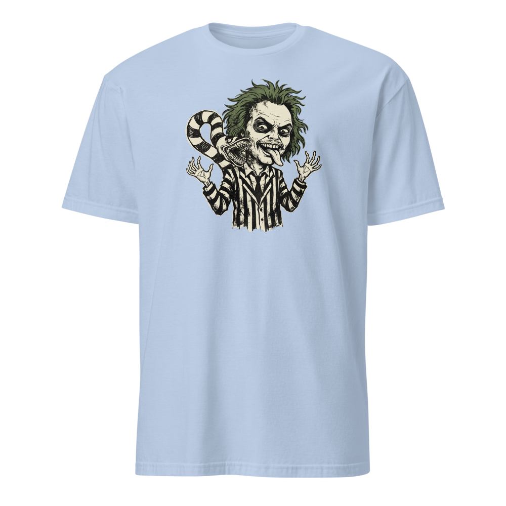 Bio-Exorcist Ghoul Pinstripe Punk Horror Comedy Tee — light blue front view