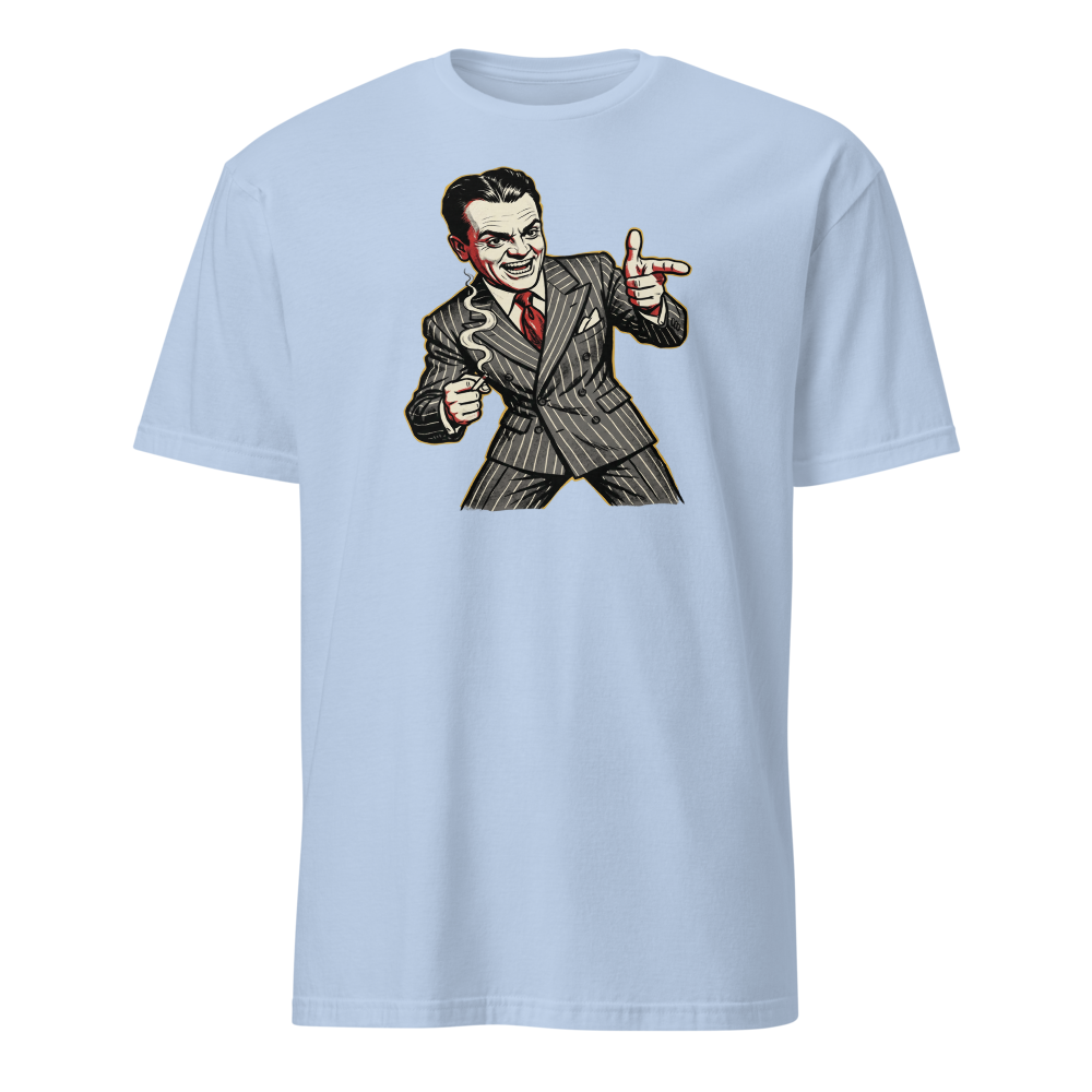 Pinstripe Gangster Finger-Gun Punk Caricature Tee — light blue front view