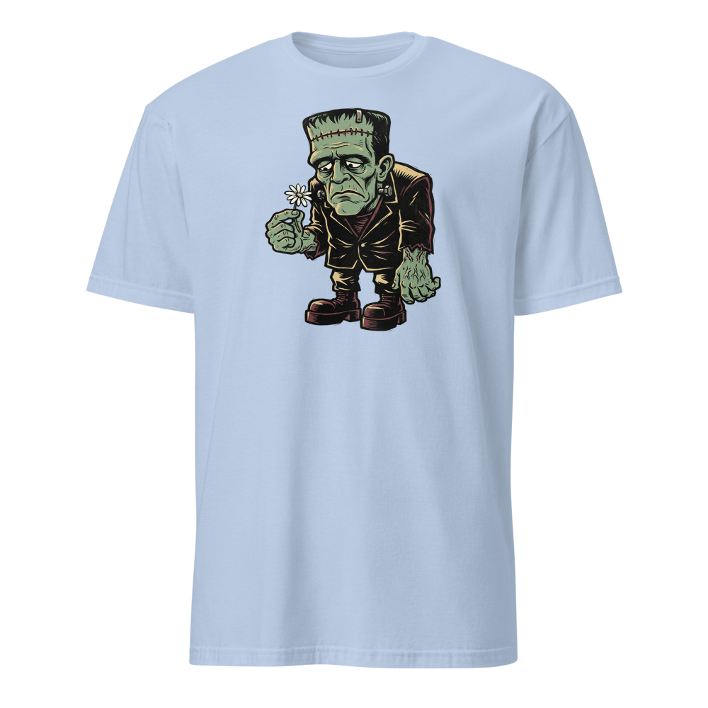 Confused Stitched Monster Holding Daisy Woodcut Tee — light blue front view