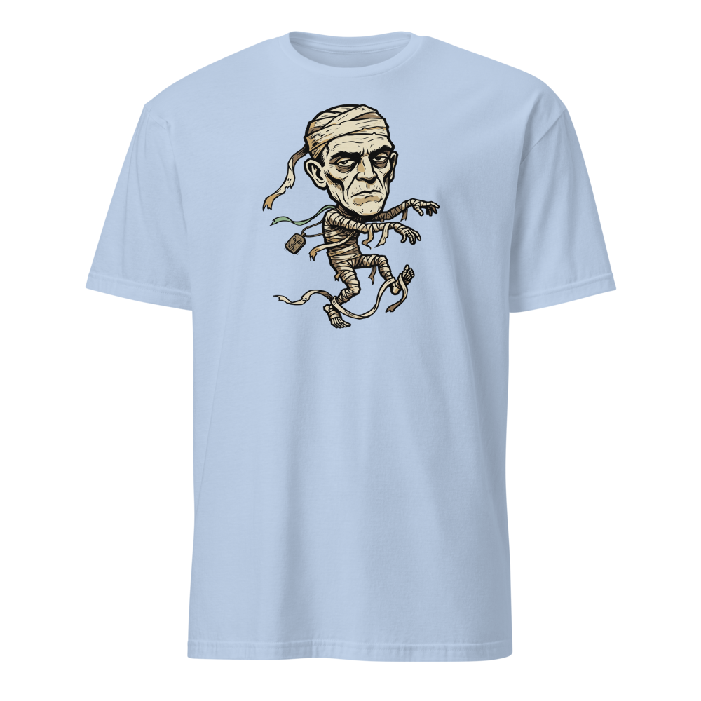 Tripping Mummy Woodcut Vintage Horror Tee — light blue front view