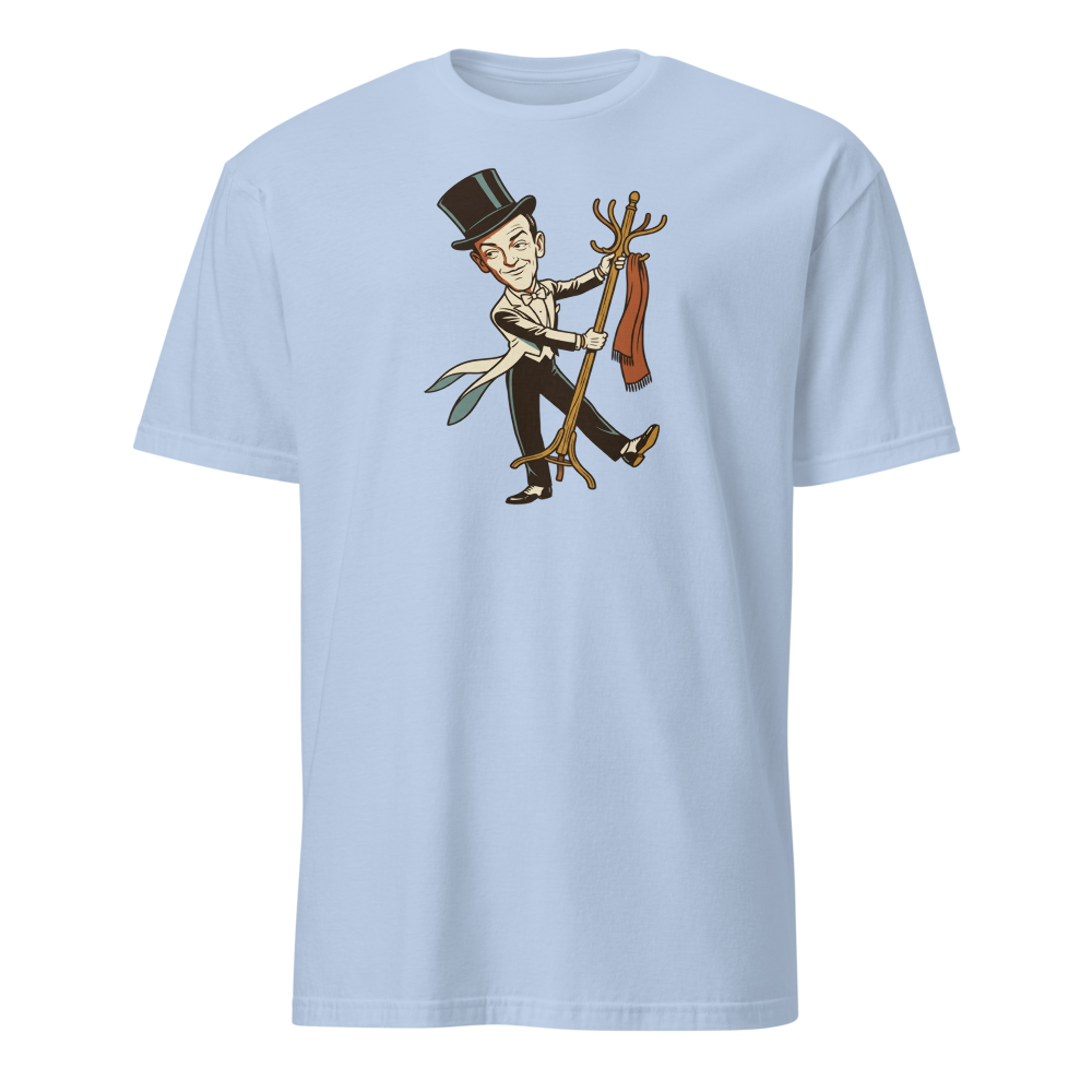 Top Hat and Tails Dancing Coat Rack Vintage Tee — light blue front view