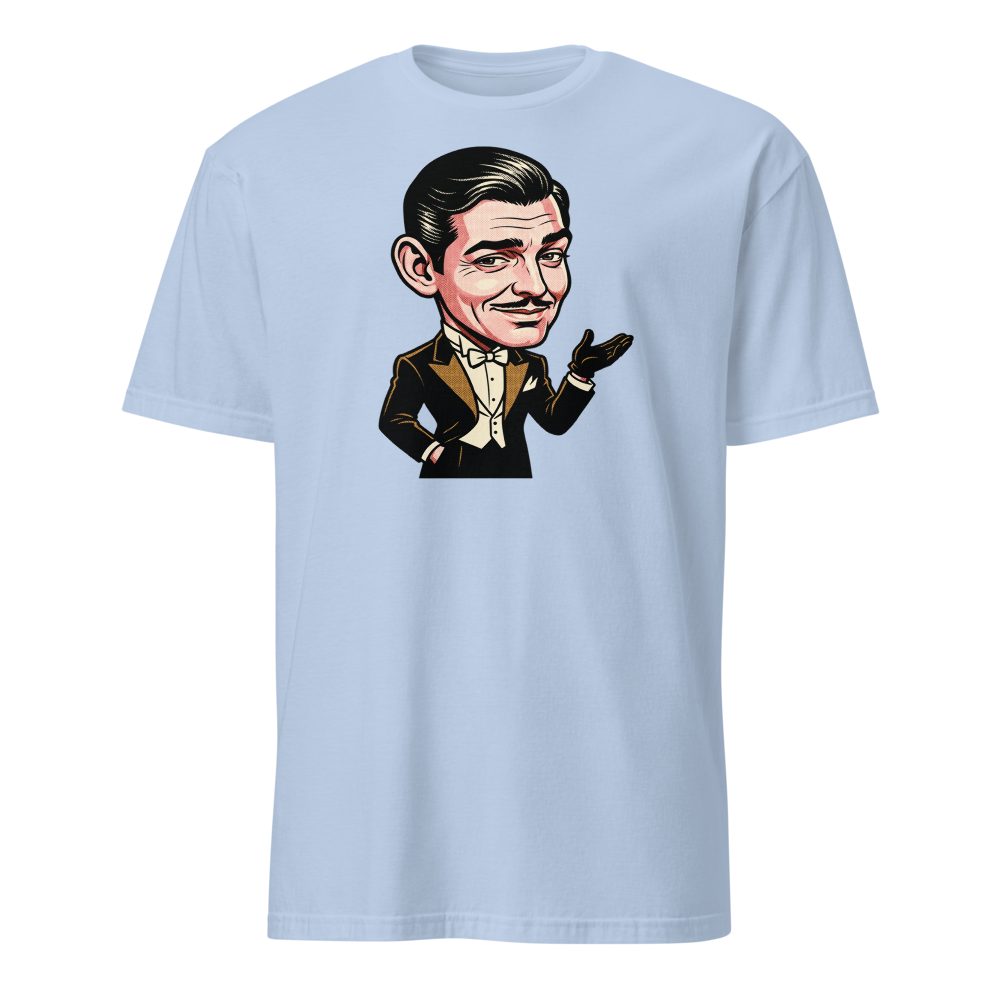 Old Hollywood Smirking Gentleman Pop Art Tee — light blue front view