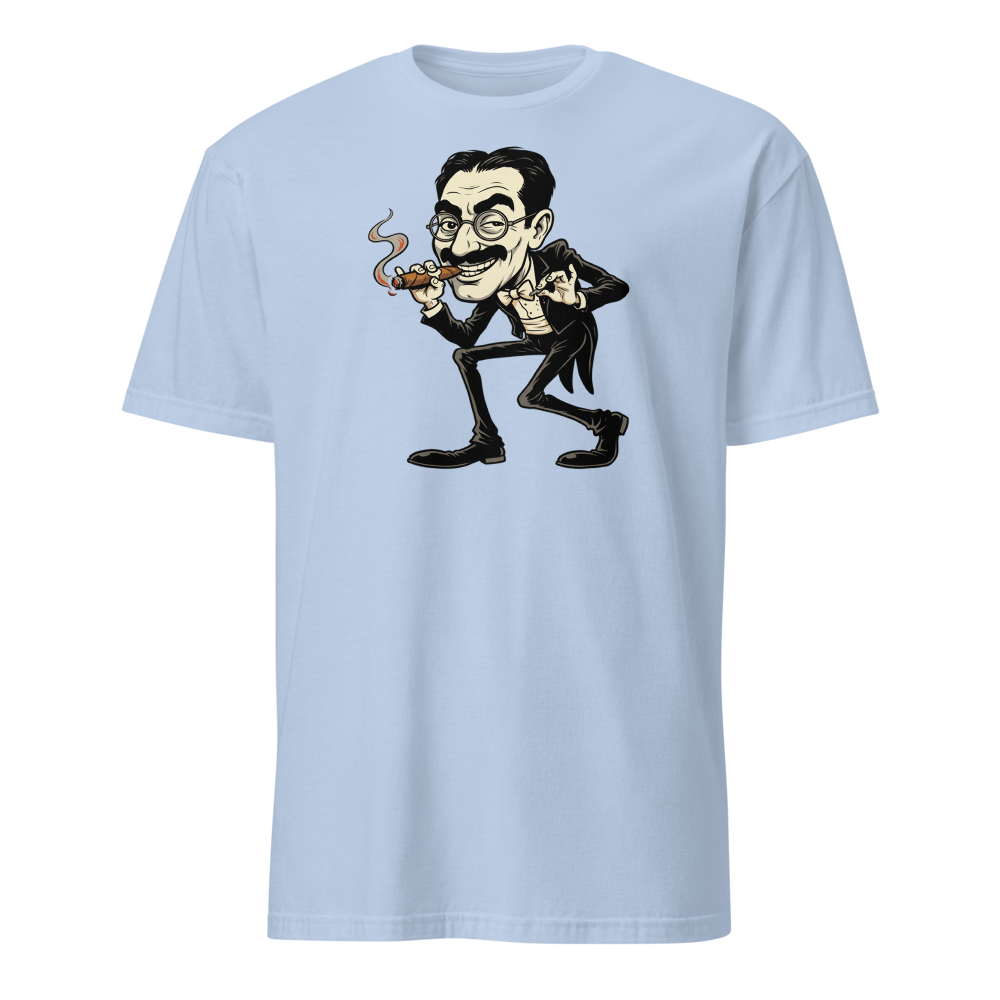 Sneaky Vaudeville Comedian Cigar Caricature Tee — light blue front view