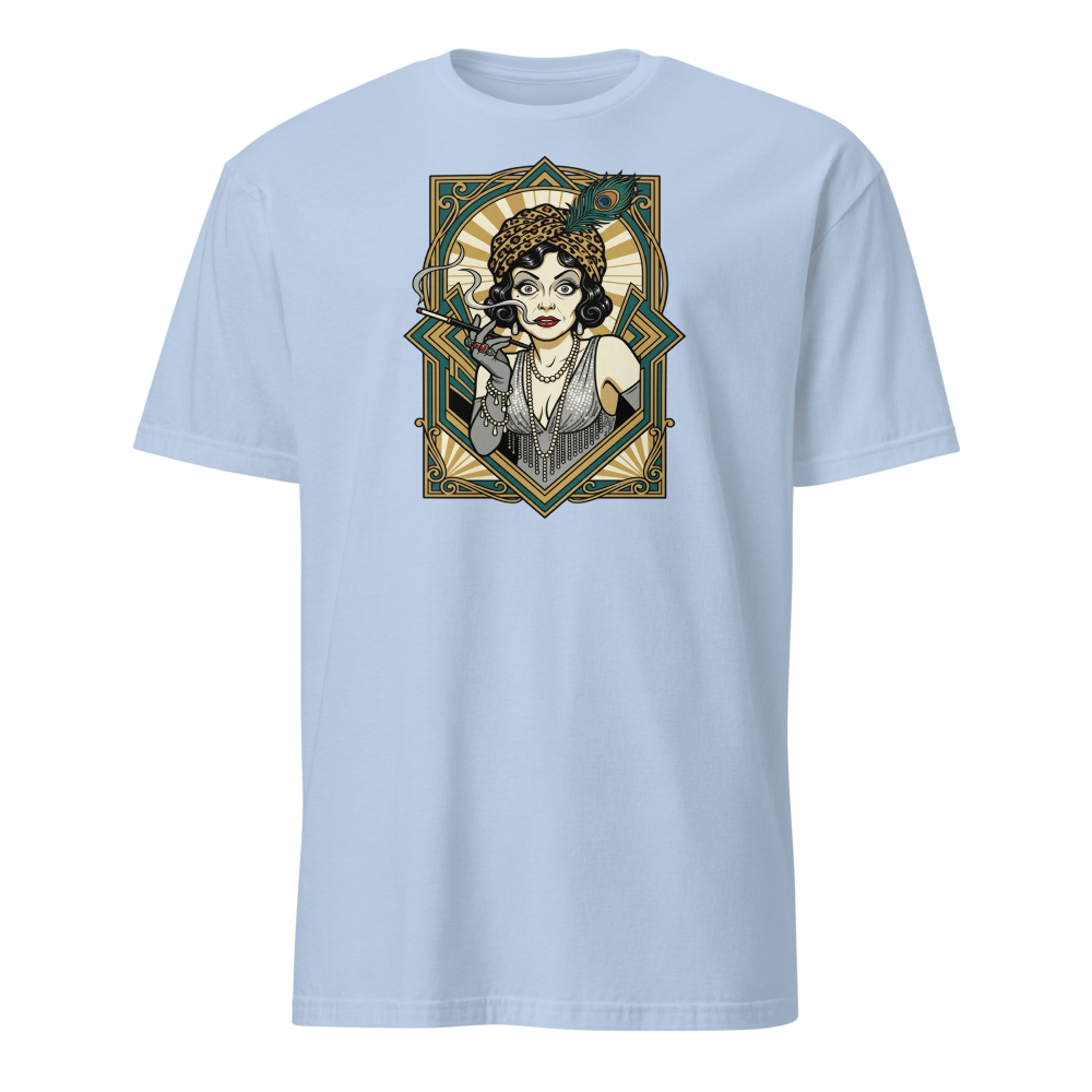 Silent Film Diva Art Deco Jazz Age Glamour Tee — light blue front view