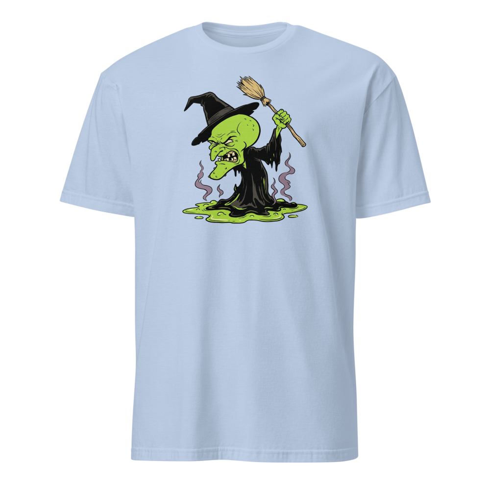 Melting Green Witch Editorial Cartoon Parody Tee — light blue front view