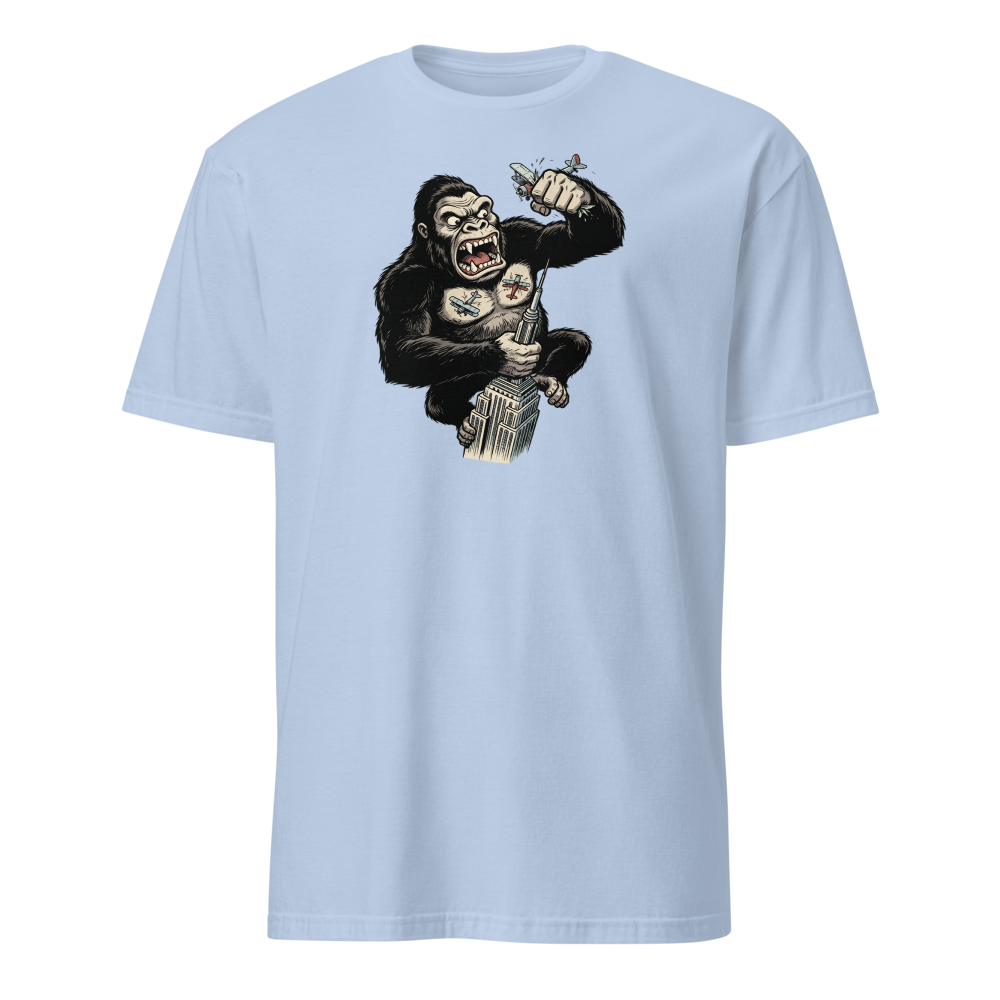 Giant Ape Skyscraper Biplane Smash Comic Tee — light blue front view