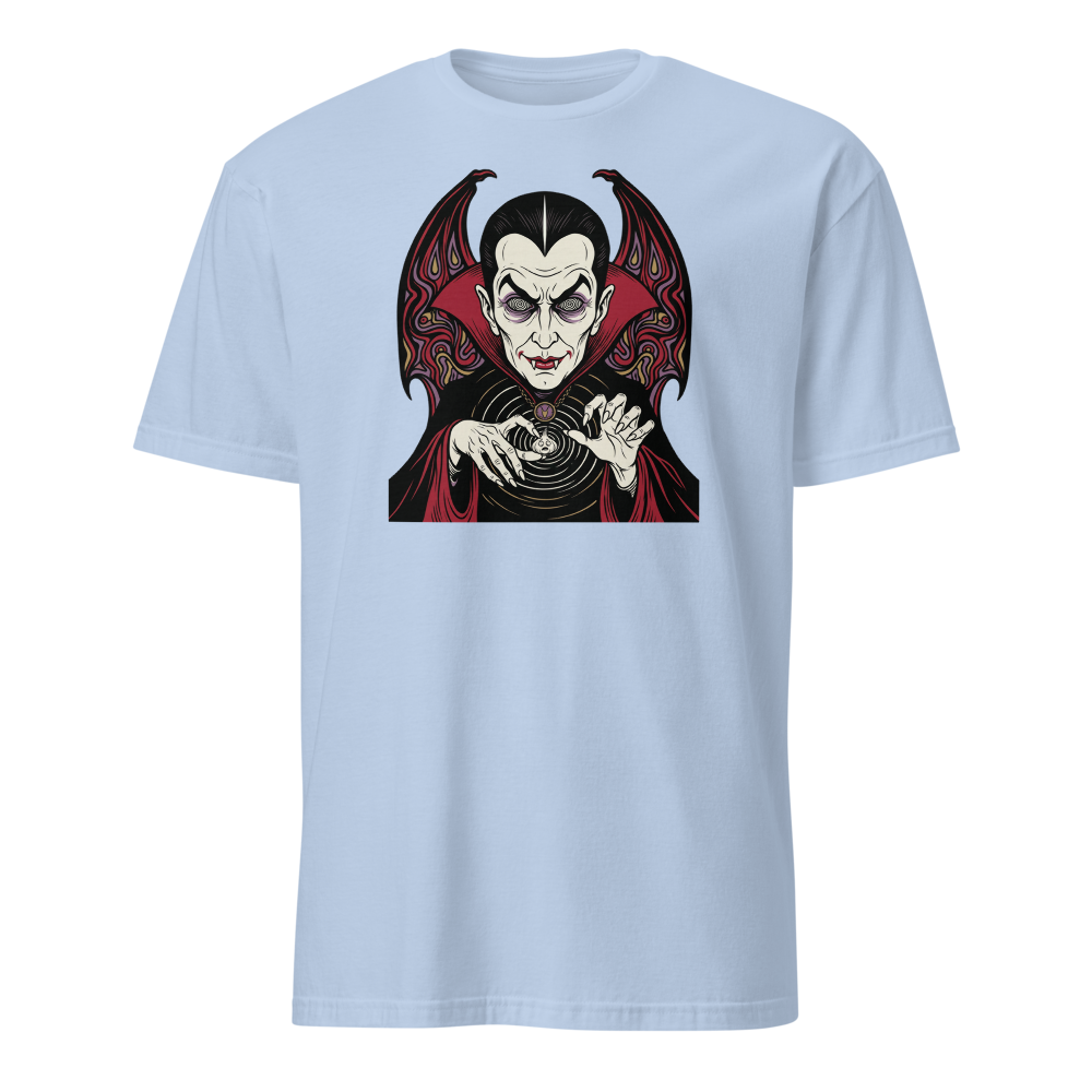 Caped Count Hypnotizes Garlic Psychedelic Horror Tee — light blue front view