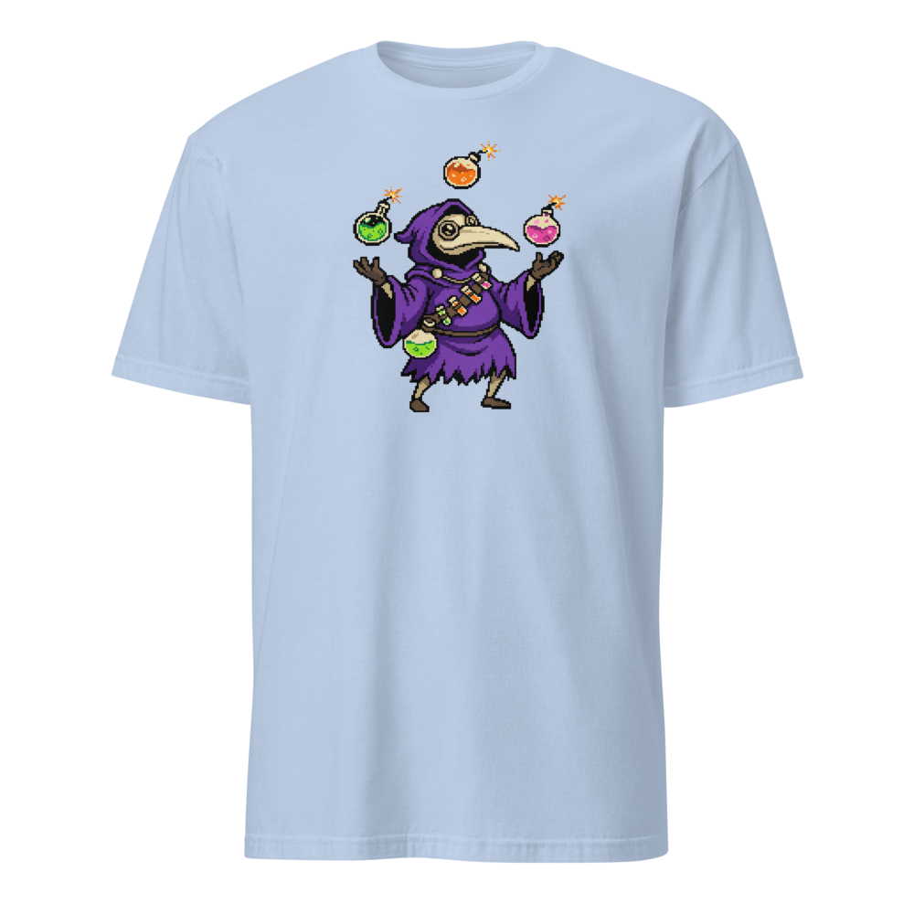 Hooded Pixel Alchemist Potion Juggler Retro Tee — light blue front view