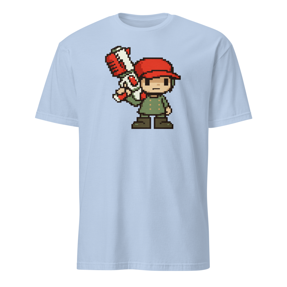Silent Pixel Hero Oversized Blaster Retro Tee — light blue front view