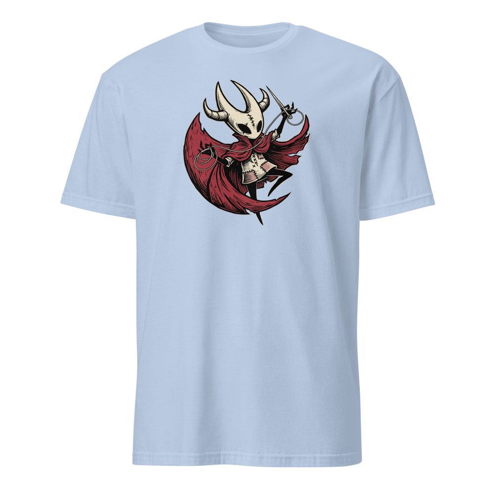Needle Duelist Bug Warrior Linocut Tee — light blue front view