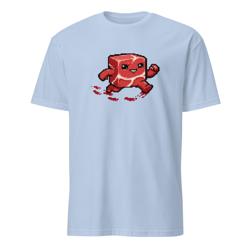 Running Meat Cube 16-Bit Pixel Platformer Tee — light blue front view