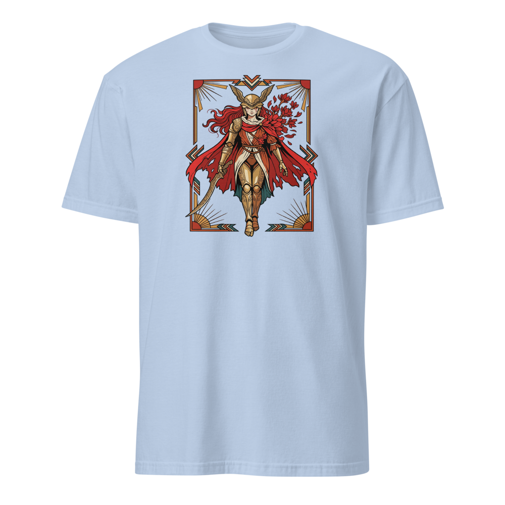 Deco Valkyrie Scarlet Bloom Knight Graphic T-Shirt — light blue front view
