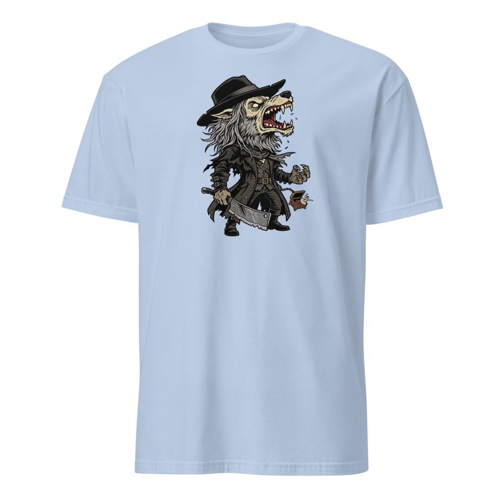 Beast Hunter Howling Tricorn Cleaver Comic Ink Tee — light blue front view