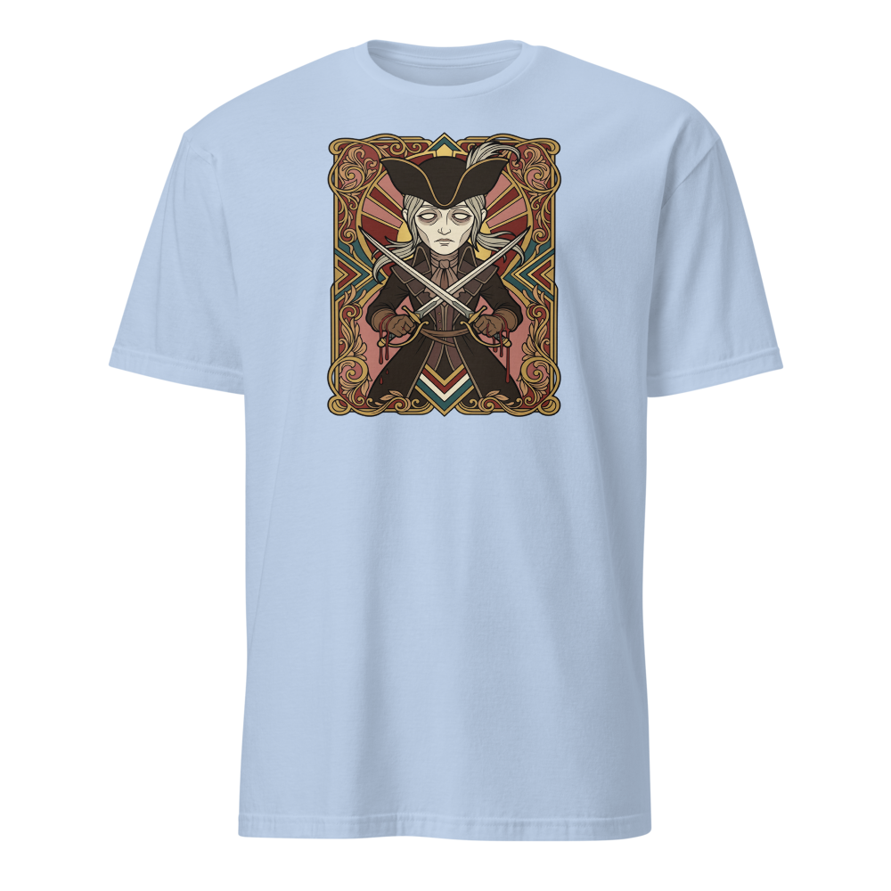 Clocktower Hunter Twin Blades Deco Duel Tee — light blue front view