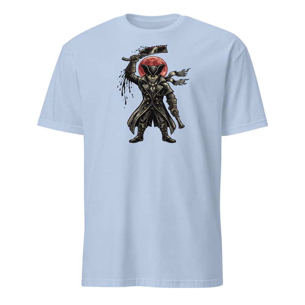 Gothic Hunter Blood Moon Linocut Horror Tee — light blue front view