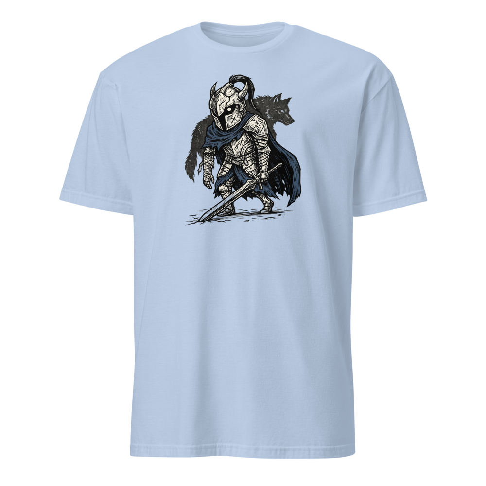 Broken Knight Abysswalker Blackwork Linocut Tee — light blue front view