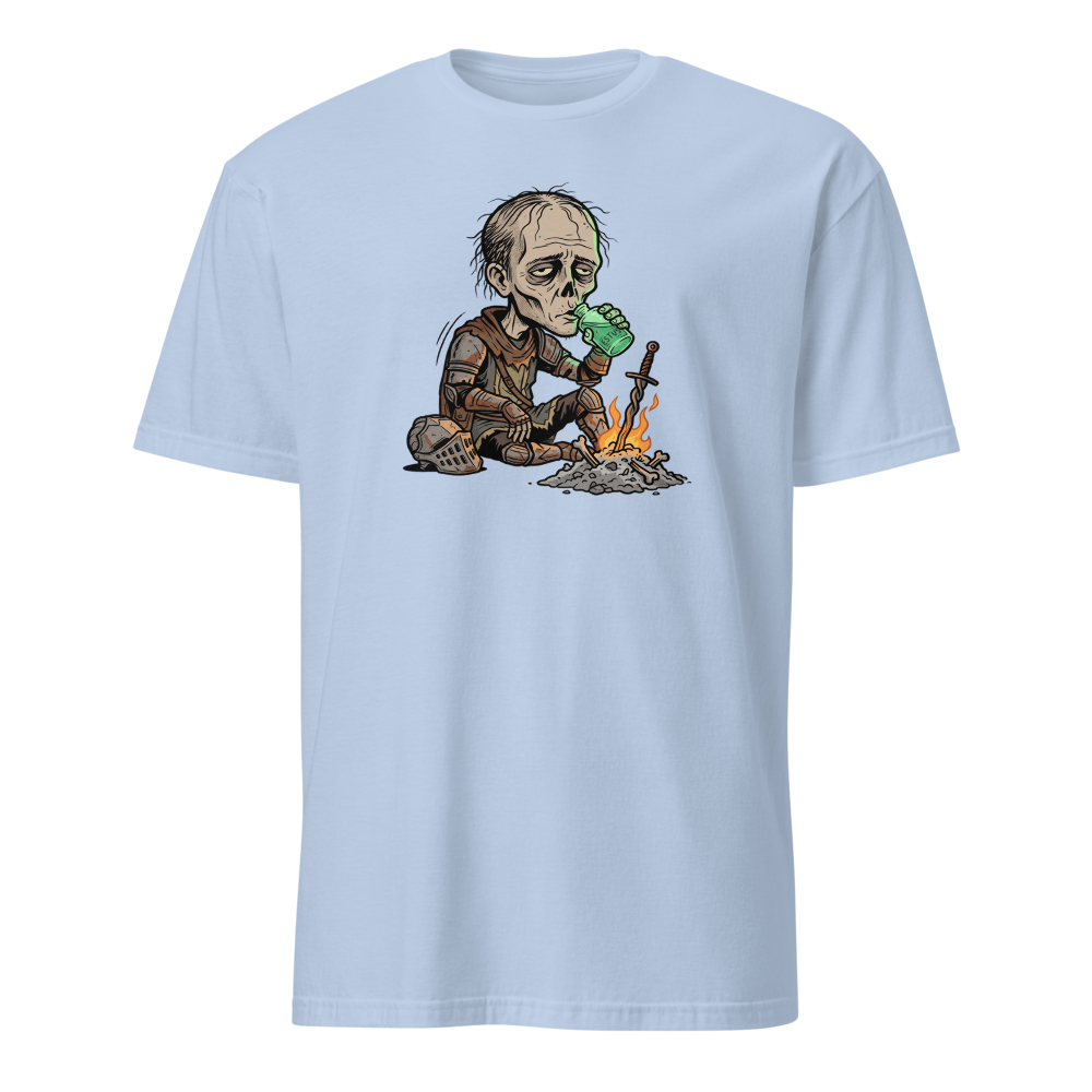 Hollow Knight Bonfire Estus Coffee Soulslike Parody Tee — light blue front view