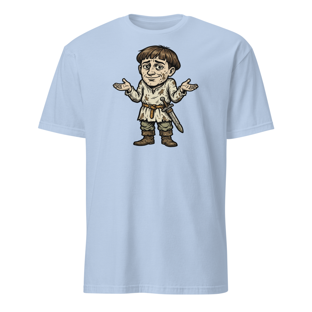 Medieval Peasant Shrug Woodcut Retro RPG Tee — light blue front view