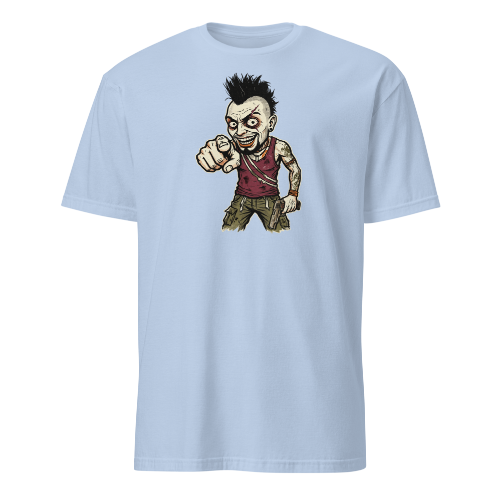Unhinged Jungle Warlord Punk Caricature Tee — light blue front view