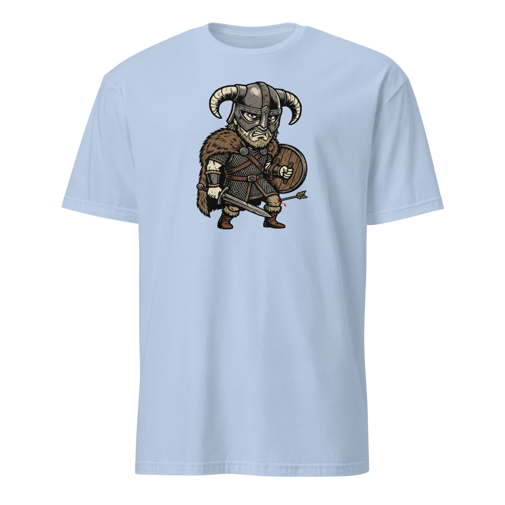 Horned Helmet Hero Arrow To The Knee Woodcut Tee — light blue front view
