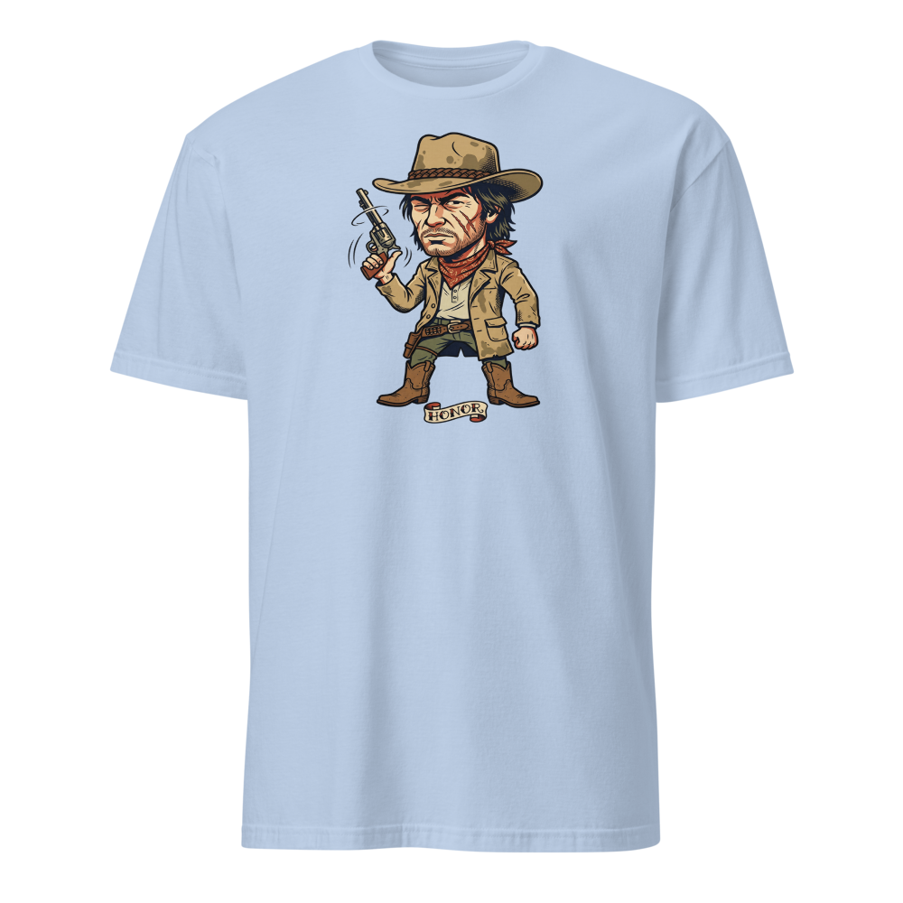 Scarred Outlaw Revolver Spinner Tattoo Flash Tee — light blue front view