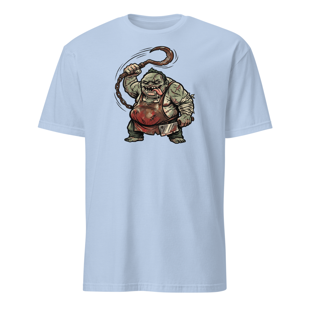 Butcher Hook Pop Art Halftone Gaming Tee — light blue front view