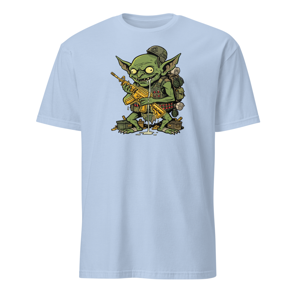 Loot Gremlin Gold Rifle Battle Royale Gamer Tee — light blue front view