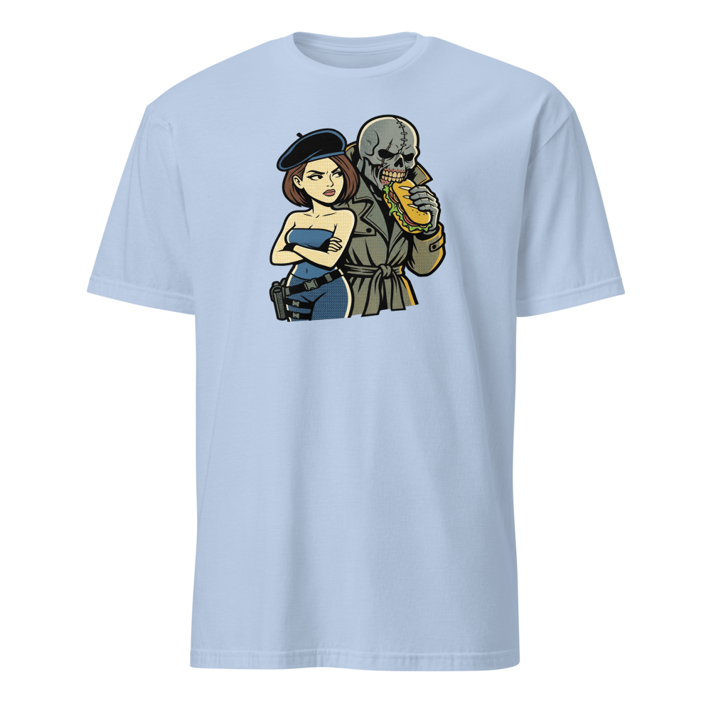 Parisian Beret Survival Horror Sandwich Parody Tee — light blue front view