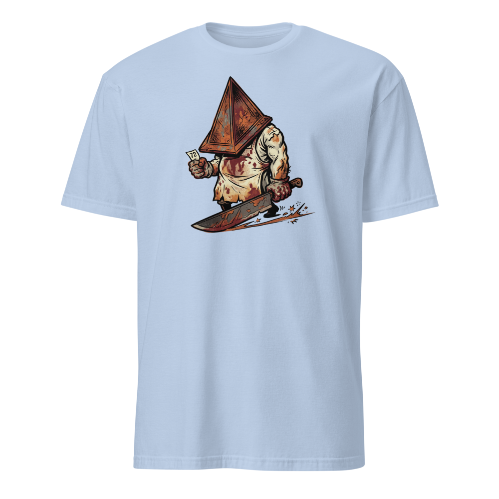 Horror Executioner at the DMV Halftone Parody Tee — light blue front view