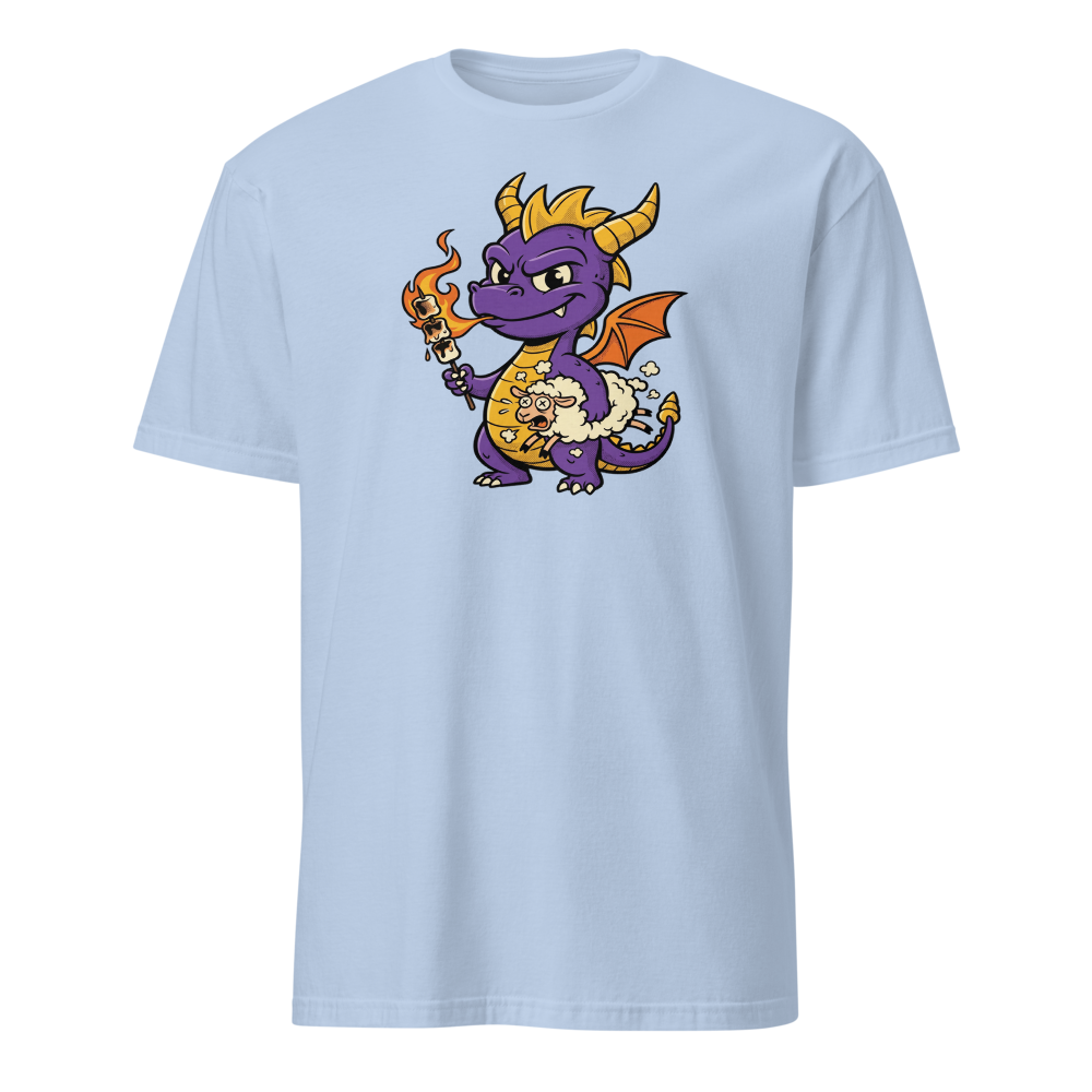 Purple Dragon Marshmallow Roast Retro Gamer Tee — light blue front view