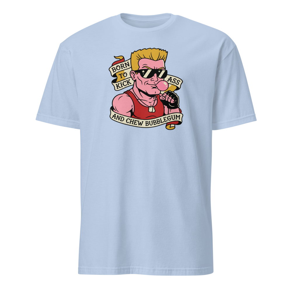 Bubblegum Action Hero Traditional Tattoo Flash Tee — light blue front view