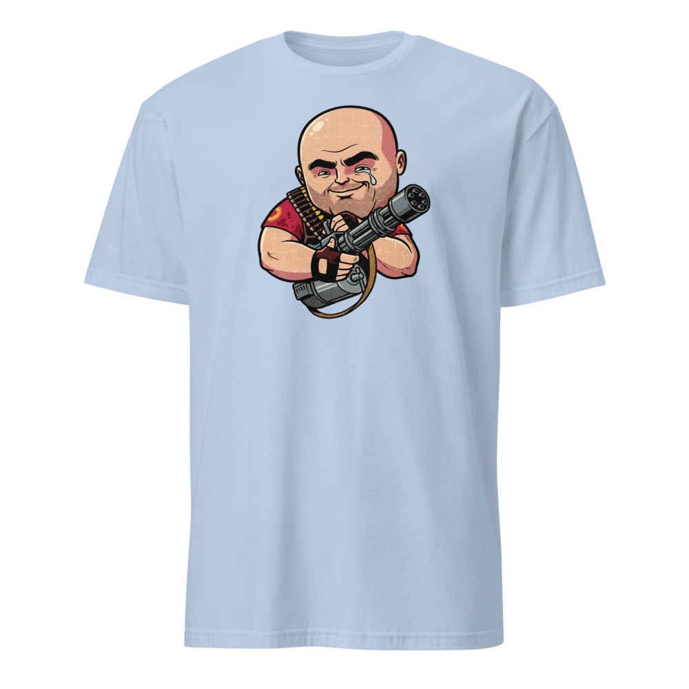 Big Russian Gunner Minigun Hug Pop Art Tee — light blue front view