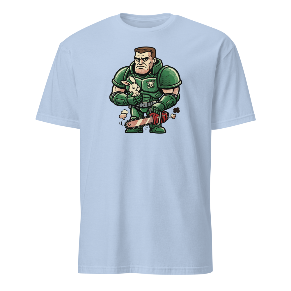 Space Marine Bunny Hug Halftone Pop Art Tee — light blue front view