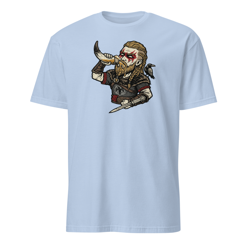 Viking Raider Mead Horn Hidden Blade Woodcut Tee — light blue front view