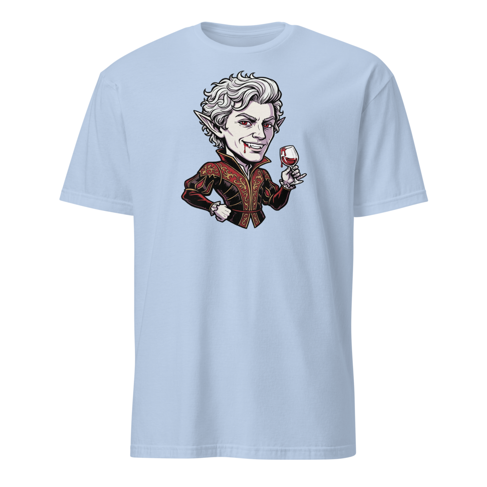 Smug Vampire Elf Rogue Comic Ink Tee — light blue front view
