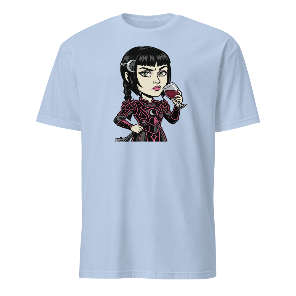 Moody Cleric Wine Judgment Comic Ink RPG Tee — light blue front view