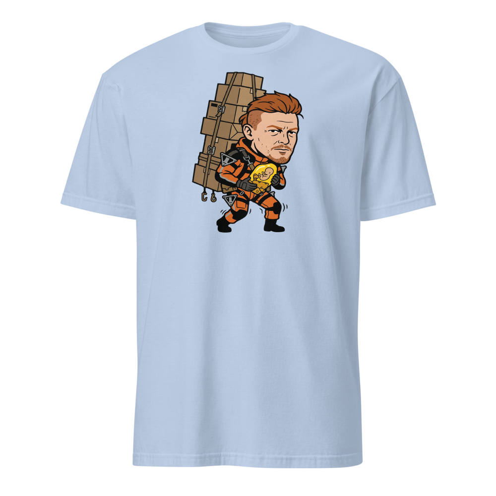 Overworked Courier Parcel Tower Delivery Tee — light blue front view