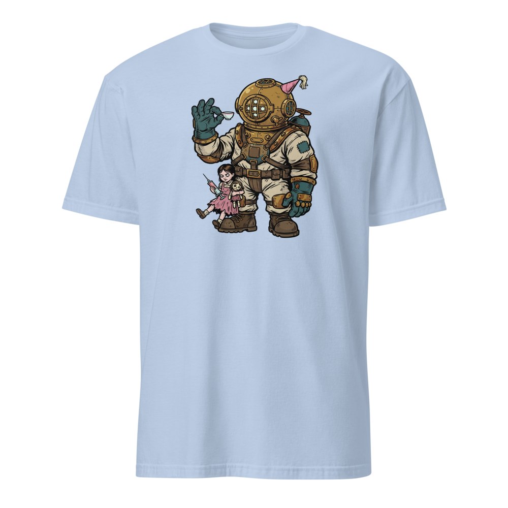 Deep Sea Diver Tea Party Comic Ink Graphic Tee — light blue front view