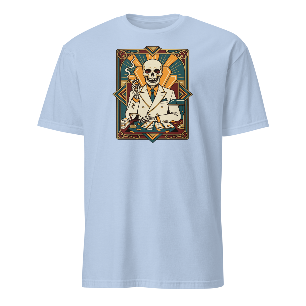 Skeleton Travel Agent Art Deco Noir Tee — light blue front view