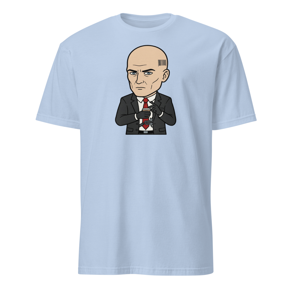 Deadpan Bald Assassin Cappuccino Order Tee — light blue front view