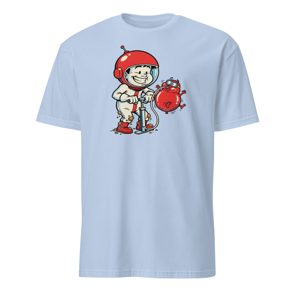Retro Arcade Pump Clown Comic Ink Graphic Tee — light blue front view