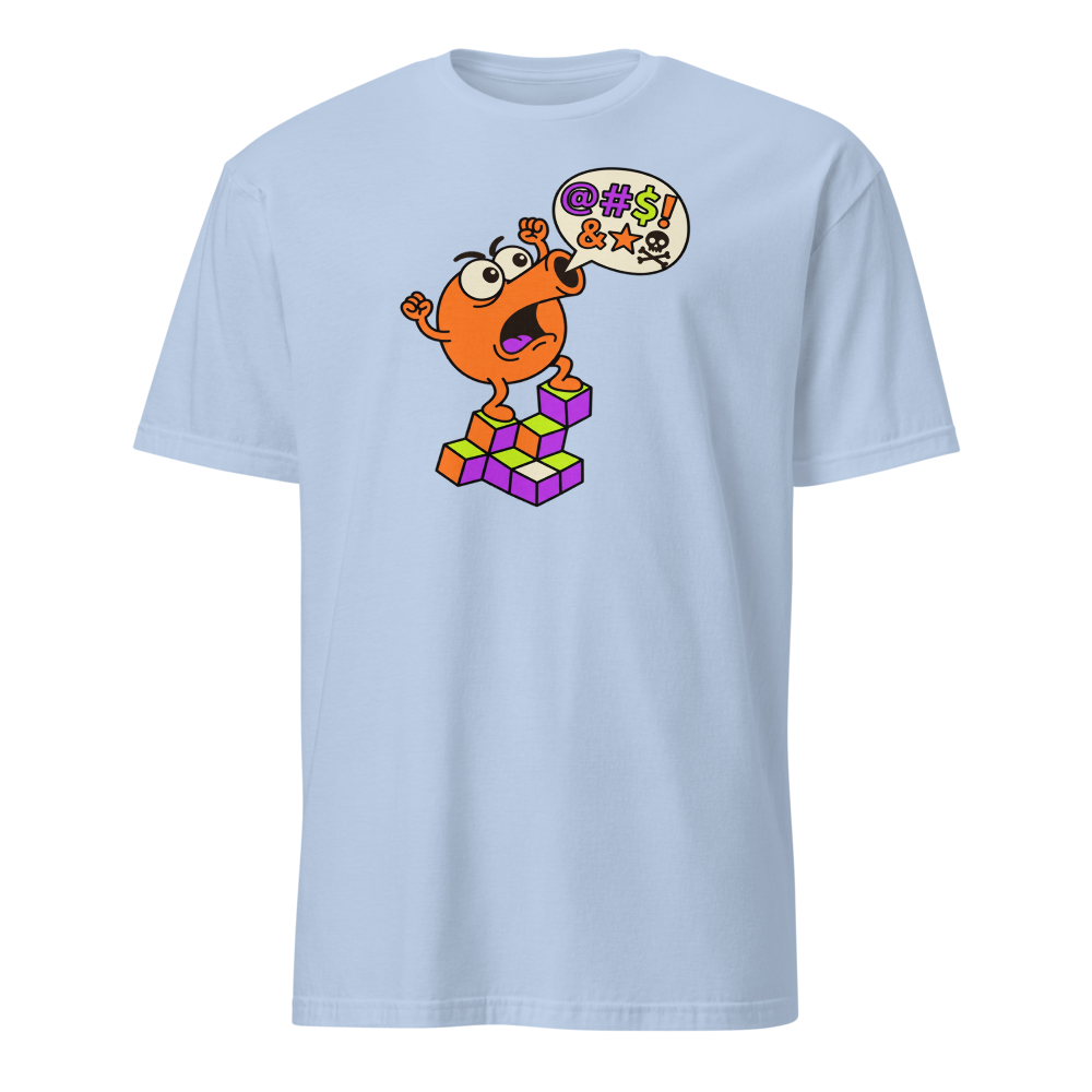 Rage Quit Arcade Gremlin Retro Cube Pyramid Tee — light blue front view