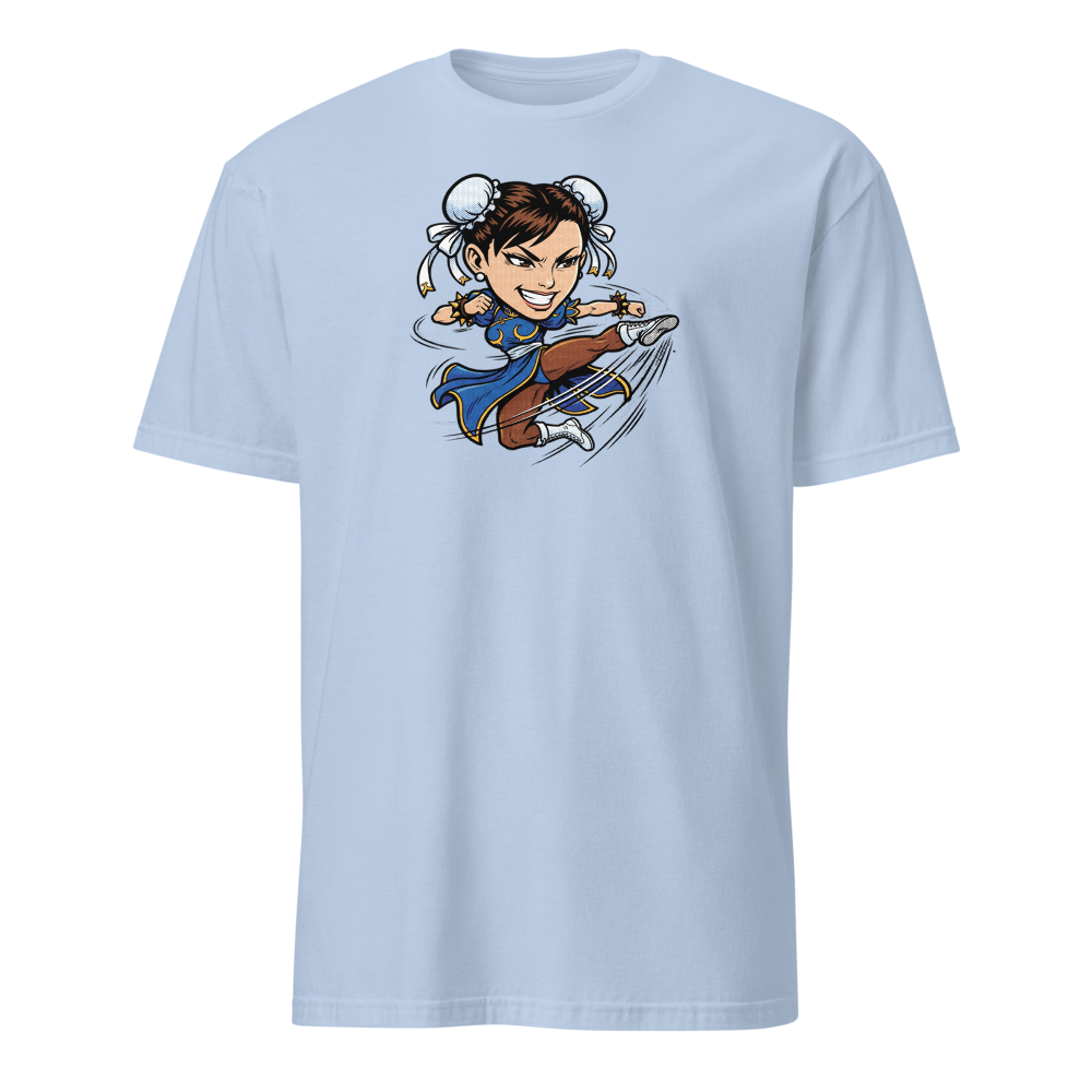 Arcade Fighter Spinning Kick Halftone Pop Art Tee — light blue front view