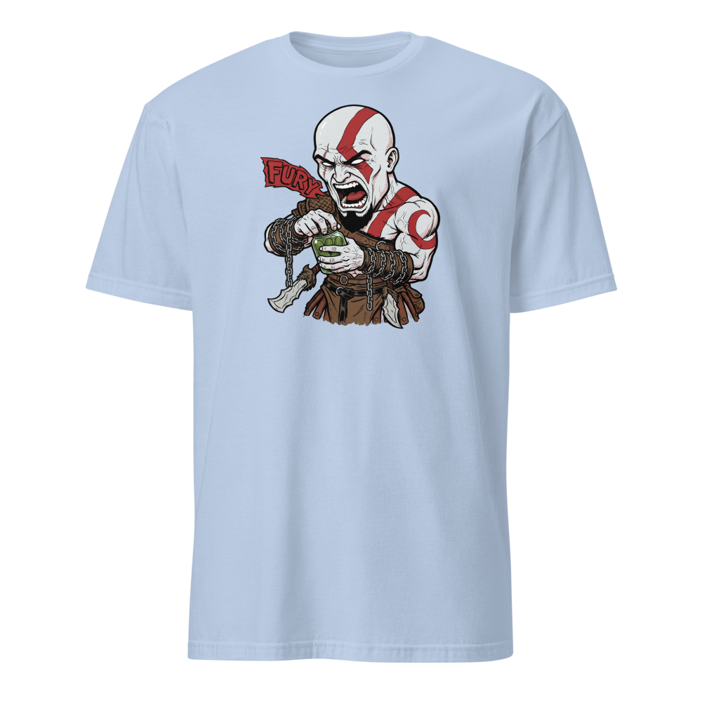 Spartan Rage Pickle Jar Comic Ink Gamer Tee â€” Light Blue front view