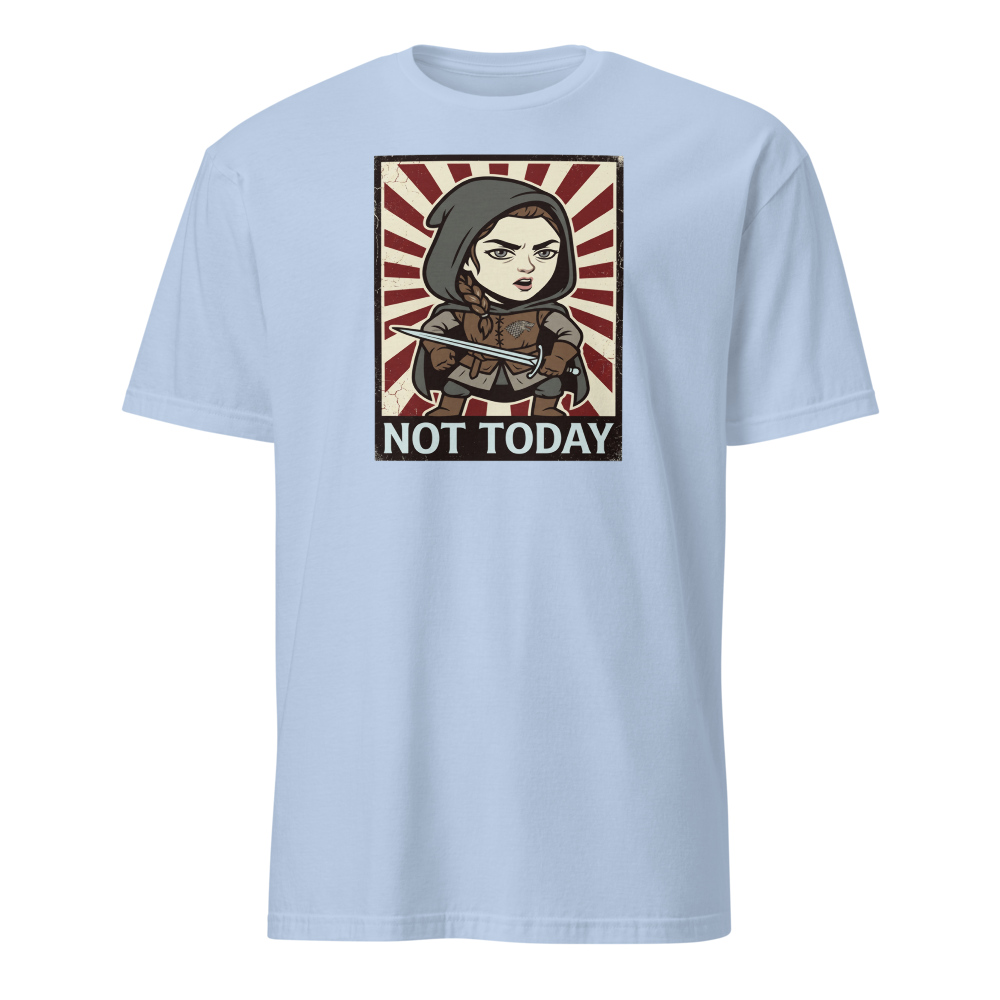 Not Today Hooded Assassin Propaganda Tee — light blue front view