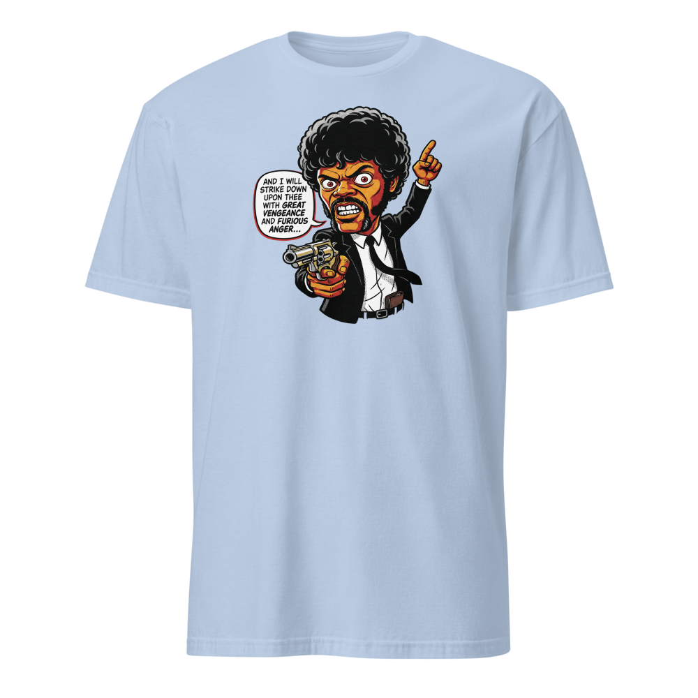 Righteous Hitman Halftone Pop Art Movie Tee — light blue front view