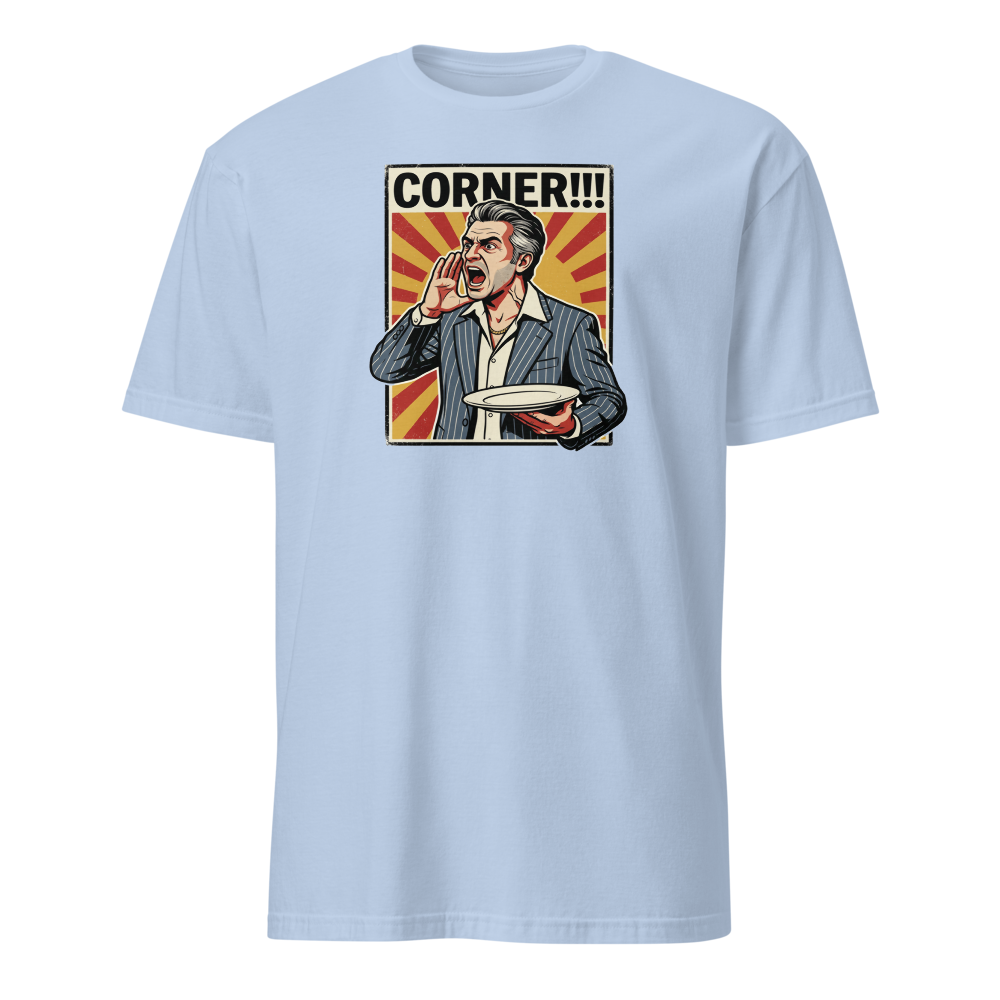 Corner Screaming Waiter Propaganda Fine Dining Tee — light blue front view