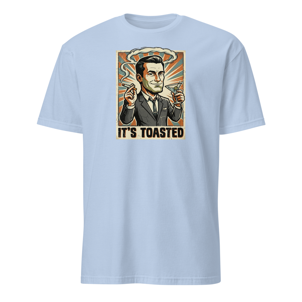 It's Toasted Sixties Ad Man Martini Propaganda Tee — light blue front view