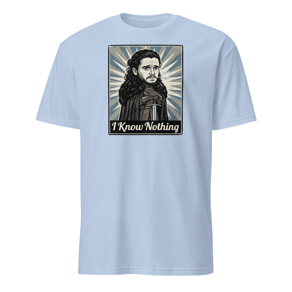 I Know Nothing Brooding Northern Hero Propaganda Tee — light blue front view
