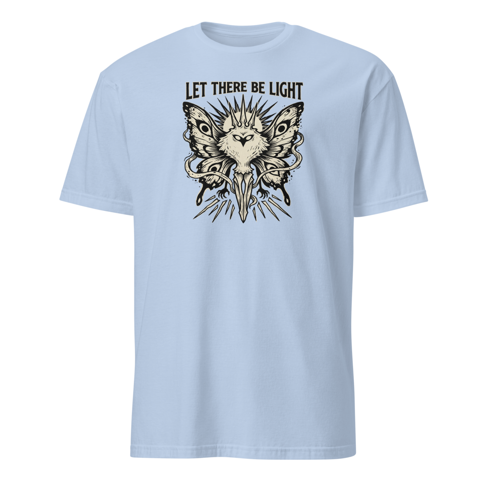 Moth Goddess Blackwork Linocut Let There Be Light Tee — light blue front view